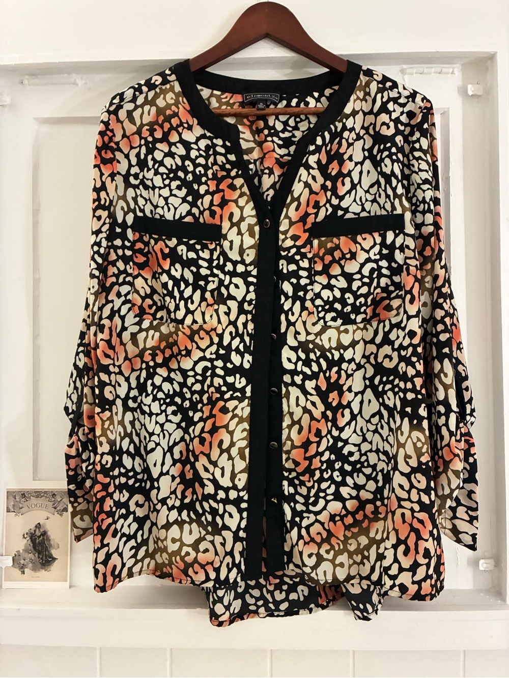 Elementz Animal Print Button-Front Blouse -cute button detail- semi sheer shown
